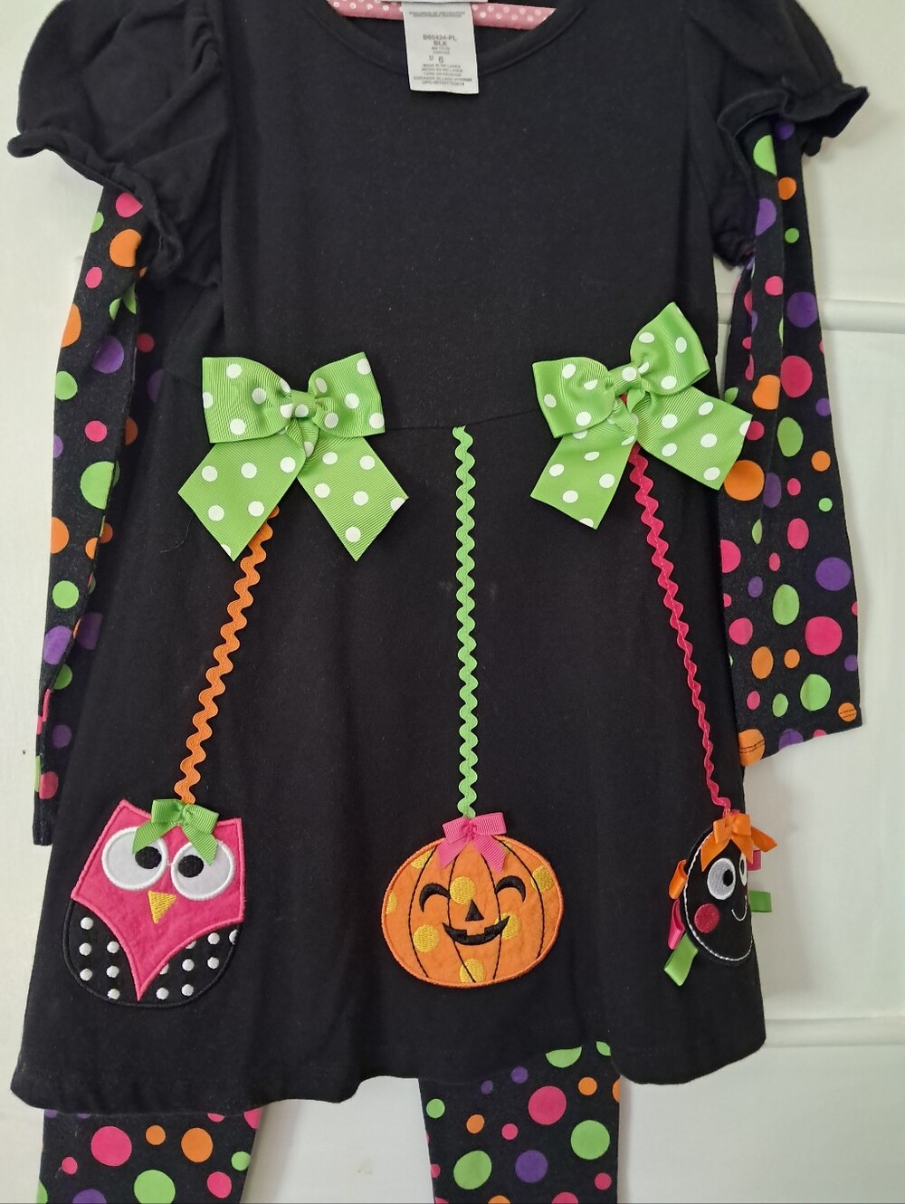 Little Lass Black Halloween Dress with Green Polka-Dot Bows & Leggings Sz 6